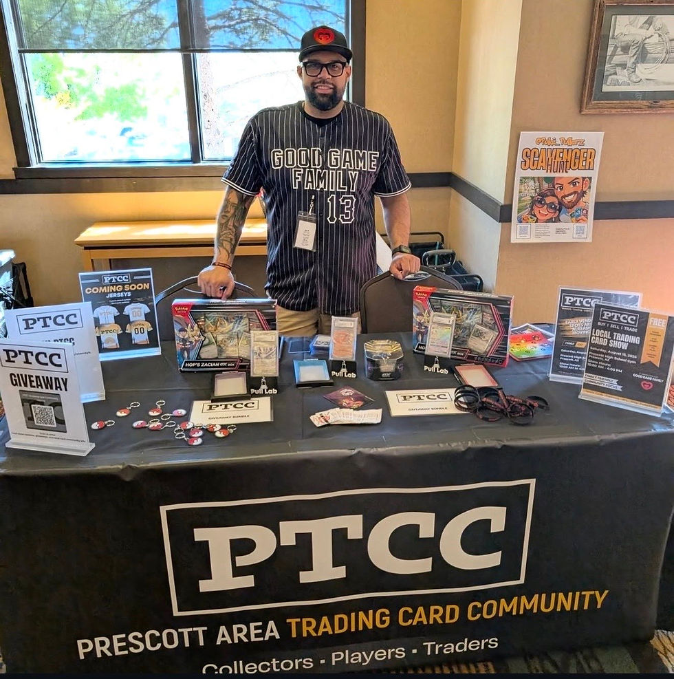 Good Game Family and Prescott Trading Card Community engaging with attendees at a local trading card event.